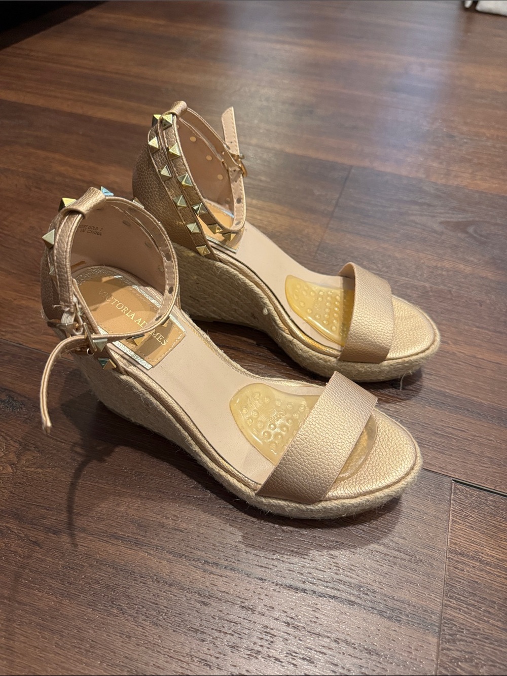 Victoria Adames Pre Loved Gold Studded Wedge Sandals  matte metallic